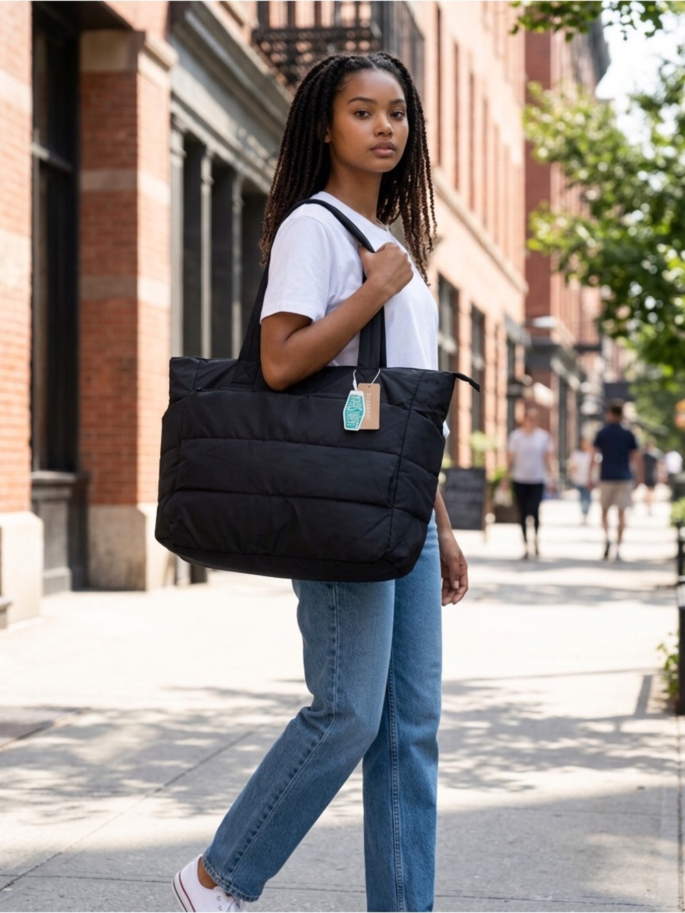 Everyday Quilted Black Tote Bag with Wide Straps